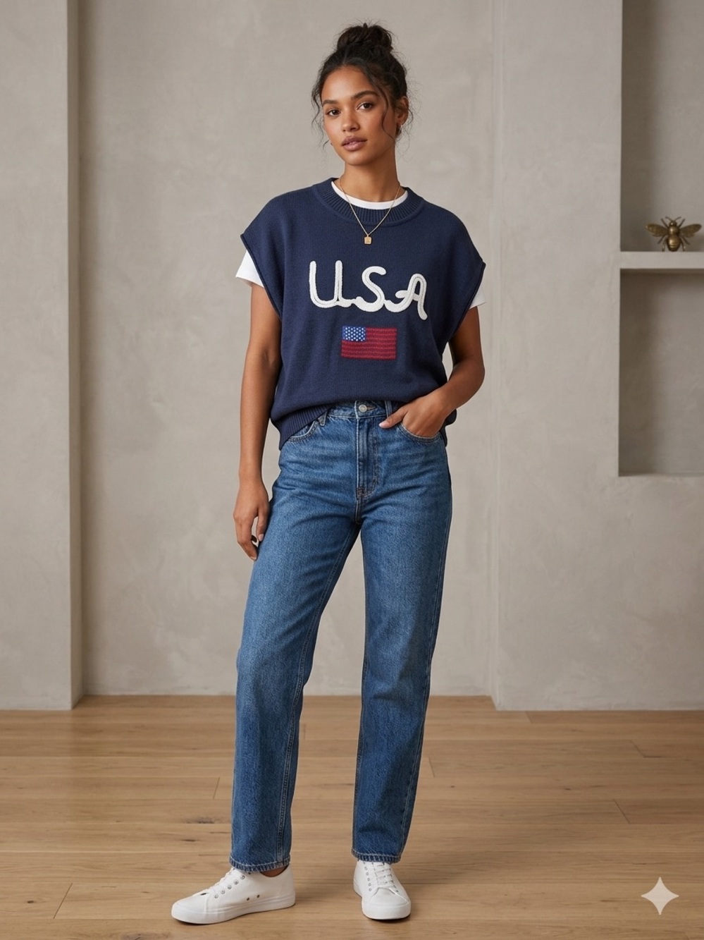 NWT Anna & Ava USA Knit Boxy Navy Sweater Vest Costal Patriotic Size L/XL